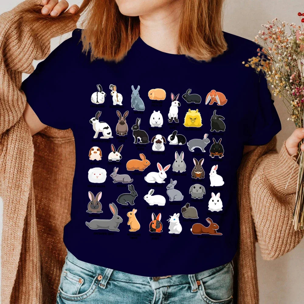 Bunny Summer Women's T-shirt, Types of Rabbits , Print Tops, Short-sleeved Casual Ladies Tees, O-neck