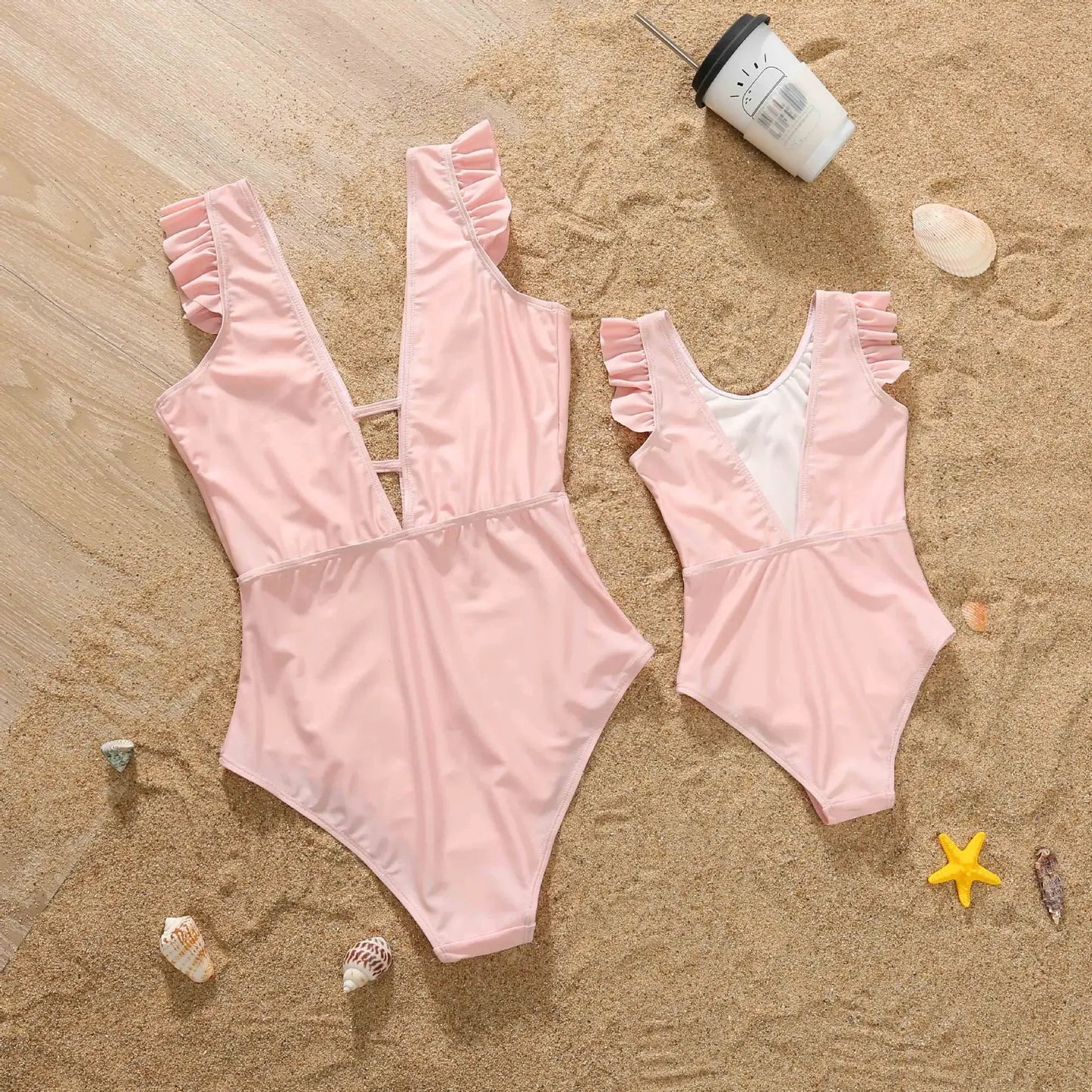 Mom /Daughter Matching Outfits, Solid Color, One-Piece Swimwear, Ruffles on Bathing