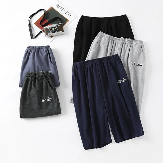 Summer solid color pajama pants in cotton. Mens breathable shorts.