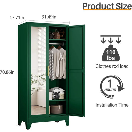Metal Armoire Wardrobe Closet, 71" Tall Bedroom Closet with Mirror, Adjustable Shelves, and Hanging Rod, for Bedroom
