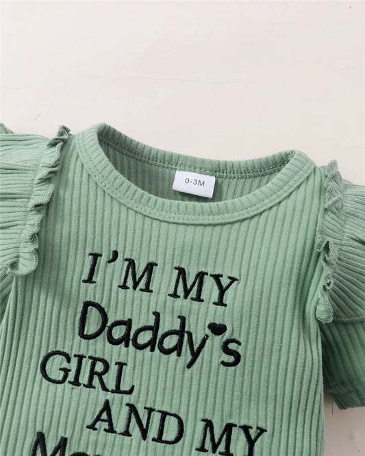 Newborn Baby Girl 3PCS Clotheing Set with Lettering. Short Sleeved Romper+Flowers Pant+Bowknot, Headband for weather. Summer Outfit