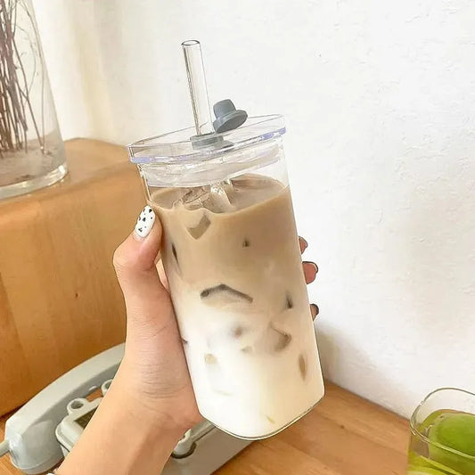 1Pcs Square, Heat Resistant Coffee /Glass Cup With Lid and Straw, Transparent