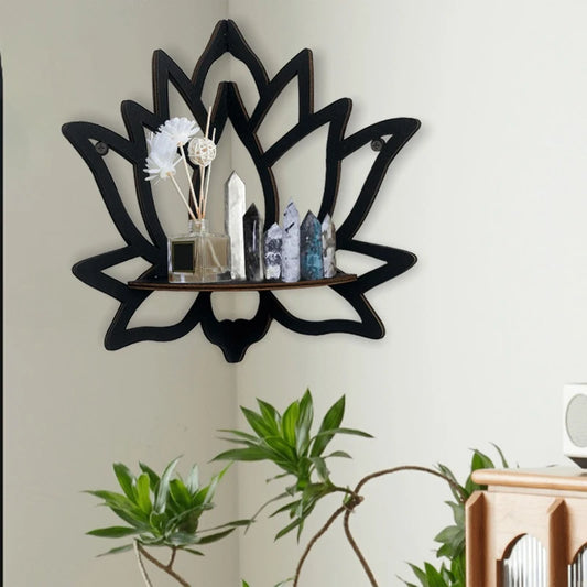 Wooden Lotus Hollow Decorative Rack, Aromatherapy Organiser for Essential Oils, Candle Holder. Wall Mounted Corner Shelf