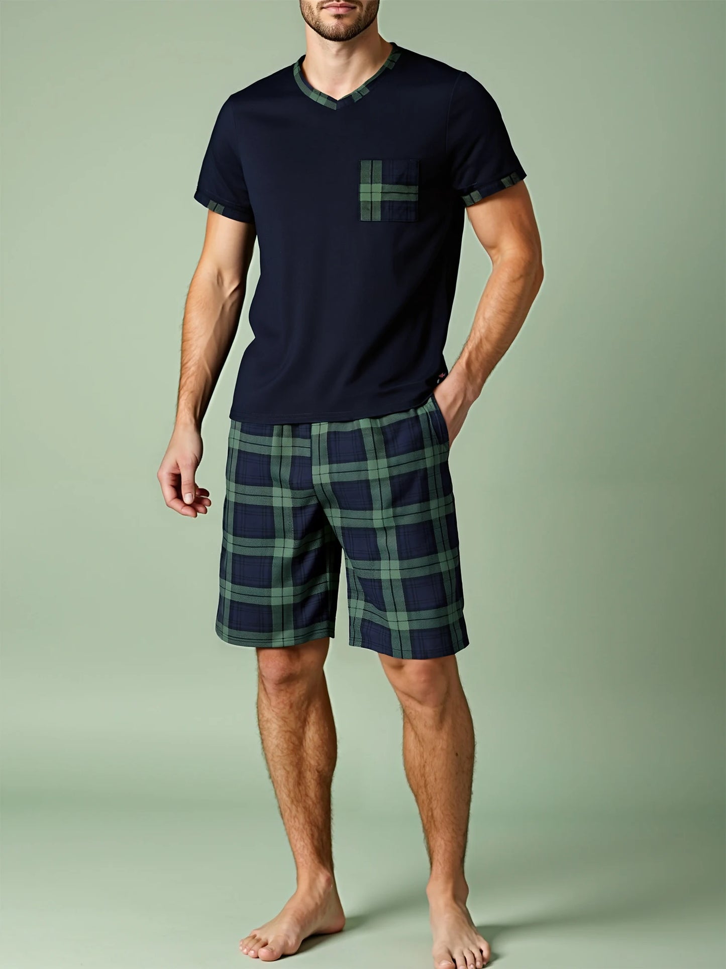 Mens Pajama Sets,  Short Sleeve , Plaid Pajamas and are  Soft Lounge Sleepwear with Pockets & Drawstring Shorts