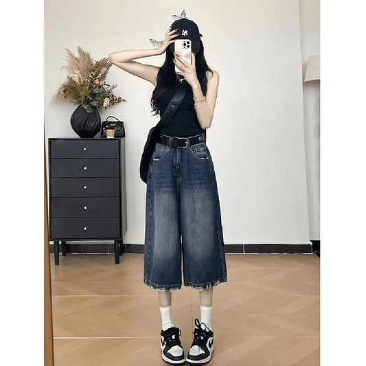 American Style Vintage Ripped 7/8 Length Jeans for Women, Plus Sizes also. Loose, High Waist Casual Worn-In Denim Pants for Summer