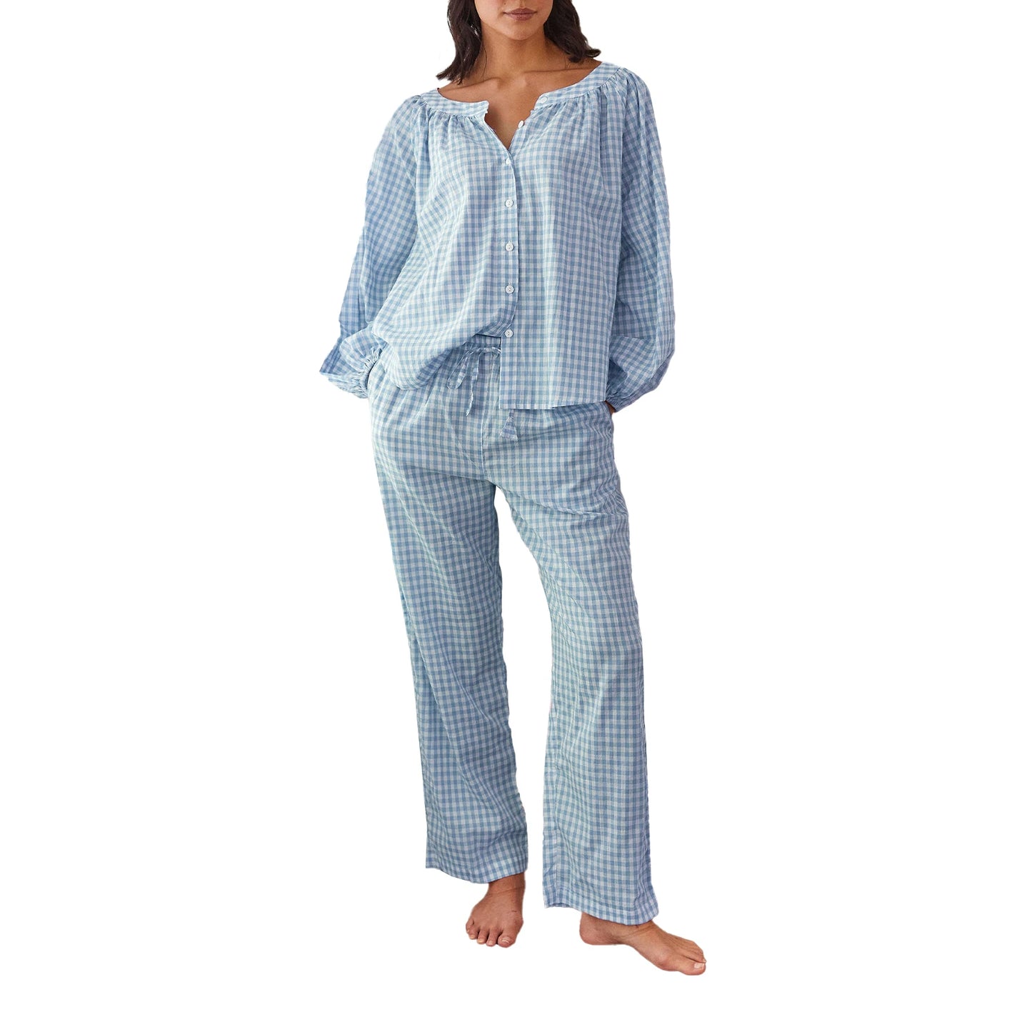 Women s Checked Pajama Set with Long Lantern Sleeves and Elastic Waistband - Button Down Top and Lounge Pants for Fall