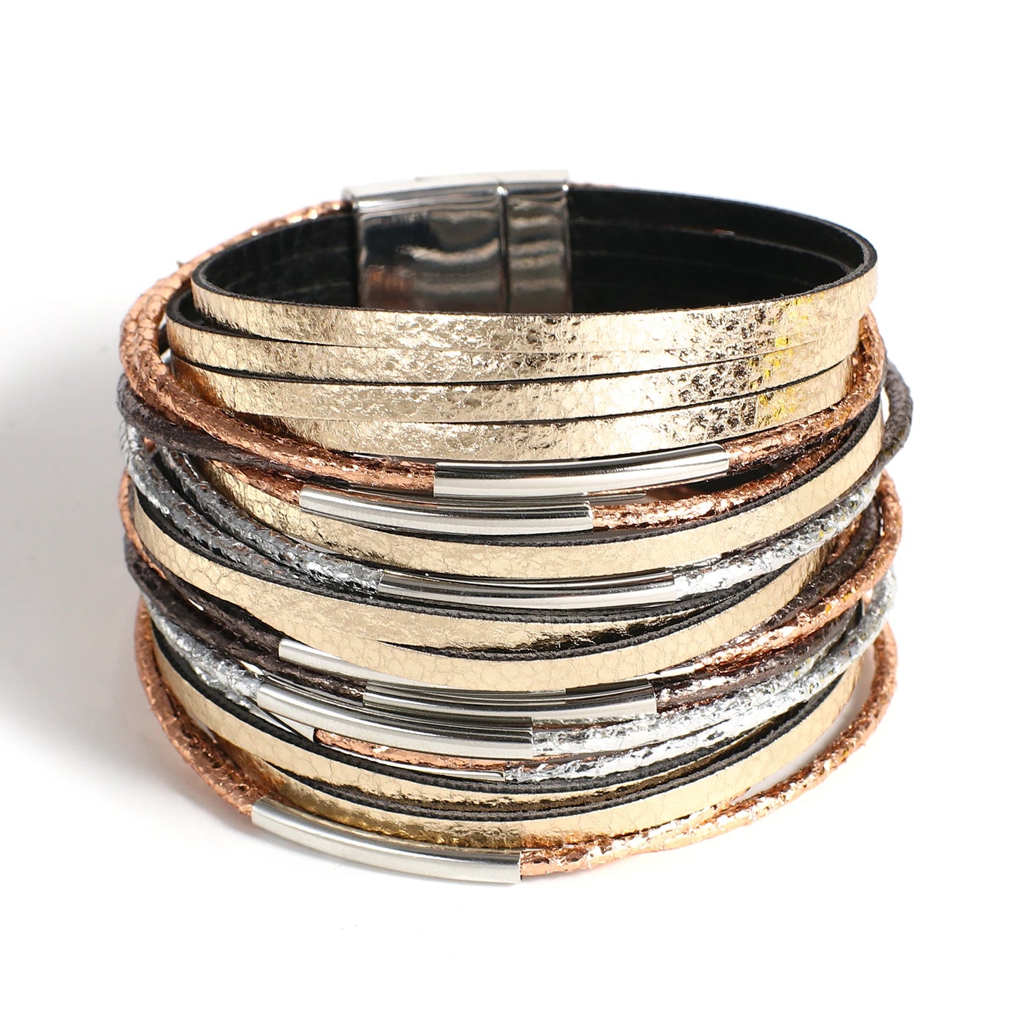 Trendy Metal Tube Leather Bracelet for Women /Men. Chunky Glitter Filled Slim Multilayer Wrap Wide Bracelets. Nice JewelryGift