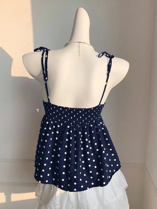 Women's Polka Dot Crop Cami With Spaghetti Straps And Flared He. Polka Dot Camisole, Babydoll Polkadot Top.