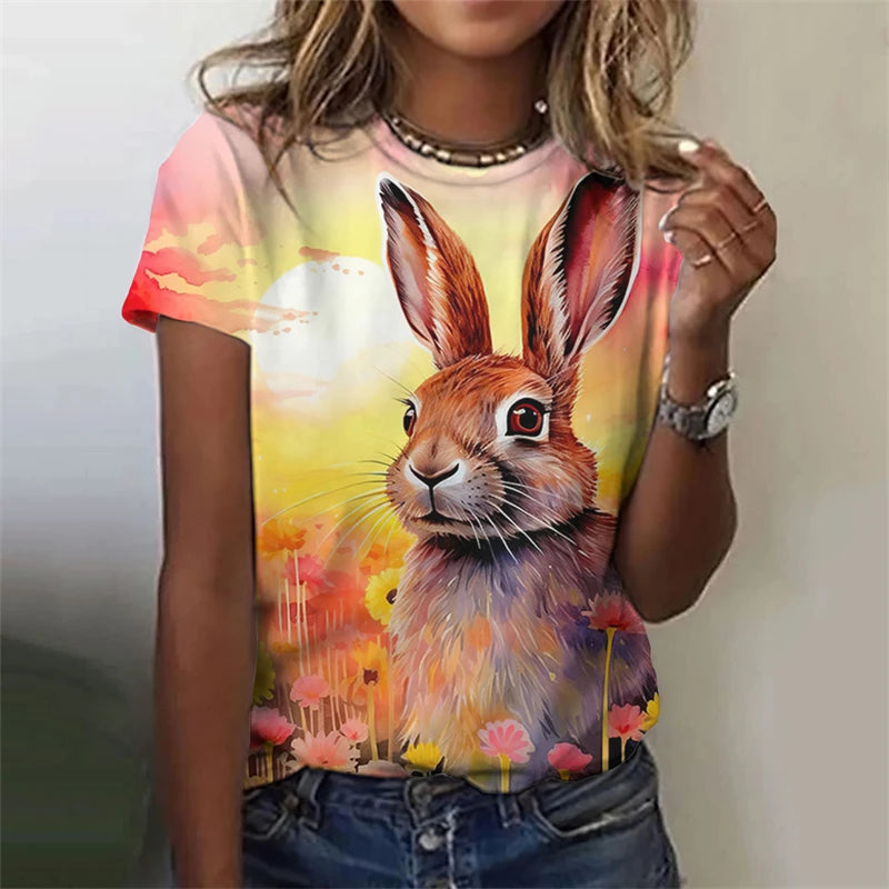 Cute Fun Rabbit Printed T Shirt, Unisex, Short Sleeve O Neck, Fashion for Easterwear. T Shirts for Summer Casual Outdoor, Soft Tops