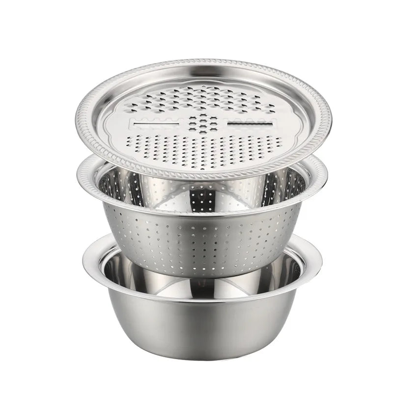 3PCS/1Set Vegetable Slicer, Stainless Steel Slicer, Potato Slicer, Vegetable Washing Basin, Drain Basket, Multifunctional