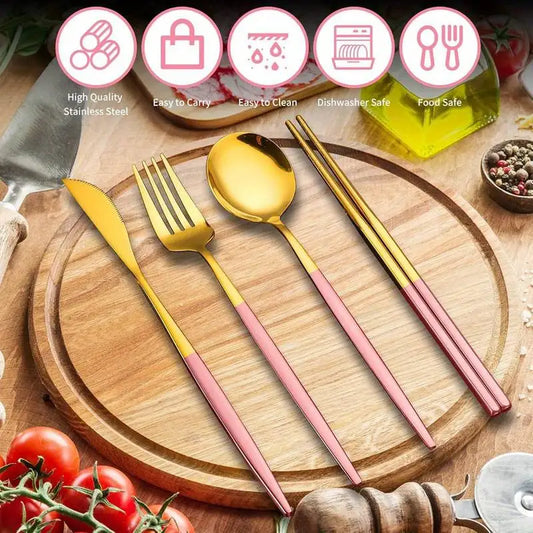 Stainless Steel Cutlery Set With Storage Box, 4 Counts, Portable Tableware Set For Home, Kitchen, Dining Room, Household