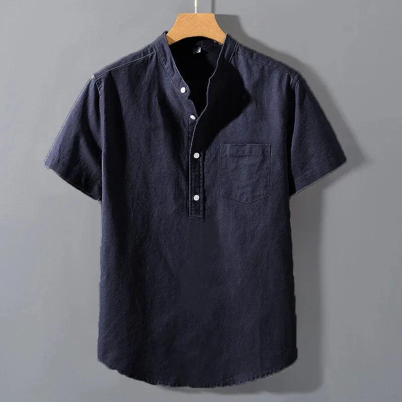 Mens Short Sleeve Shirts in Solid Colors. Stand Up Collar Shirt for Summer. Trendy, Breathable, Loose, Basic Cotton Pocket