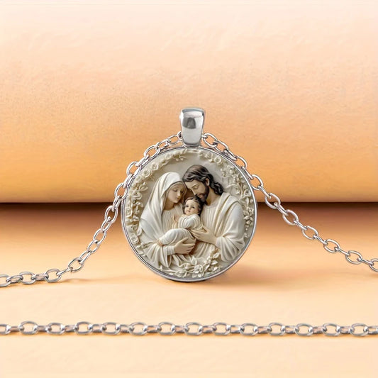 The Holy Family Glass Pendant Necklace, Catholic Saint Joseph, Virgin Mary, Jesus Necklace