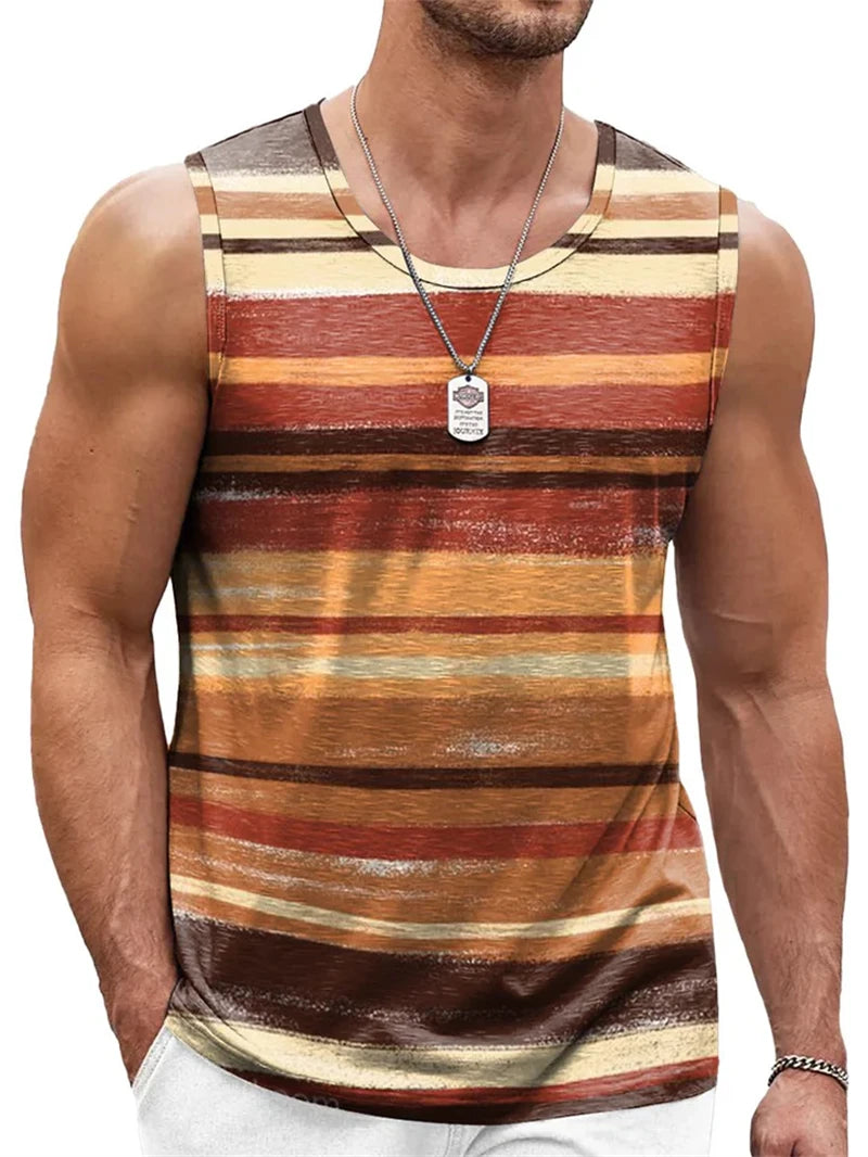 Retro Striped Graphic Tank Tops For Men. Casual Summer Sleeveless 3D Printed Vest, Loose Crew Neck Quick Dry Sports Tees. 10 different Stripe Choices. Lots of size choices also.