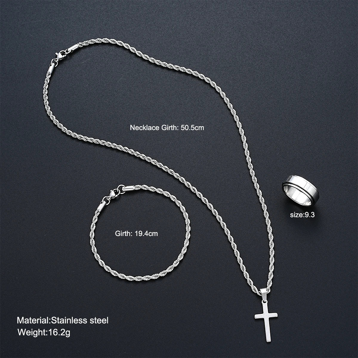Stainless Steel Simple 3 piece Jewelry Set For Men /Women. Fashion Silver Color, Cross Pendant, Twisted Rope Necklace and Bracelets with Ring Gift.