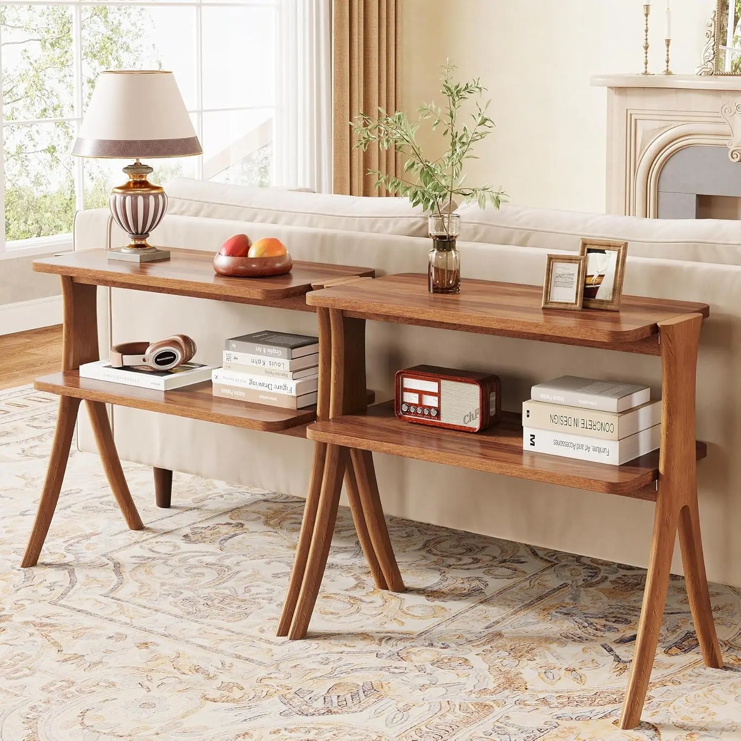 Side Table for Living Room, Farmhouse End Table with 2-Tier Storage Shelf and Solid Wood Legs, or Nightstand for Bedroom