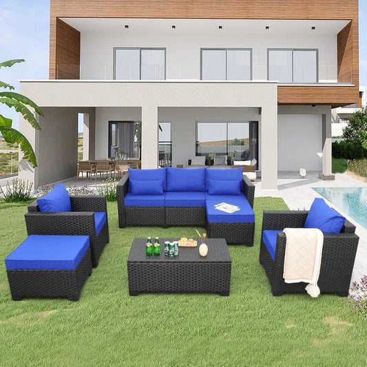 6 Pieces Patio Wicker Furniture Set, Outdoor PE Rattan Conversation Couch, Sectiona, l Chair /Sofa Set with Royal Blue
