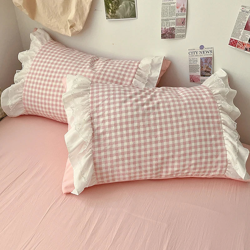 3 Piece Sheet Set pink checked, Gingham Pattern, duvet cover Set. Comfortable Bedding Set for All Seasons
