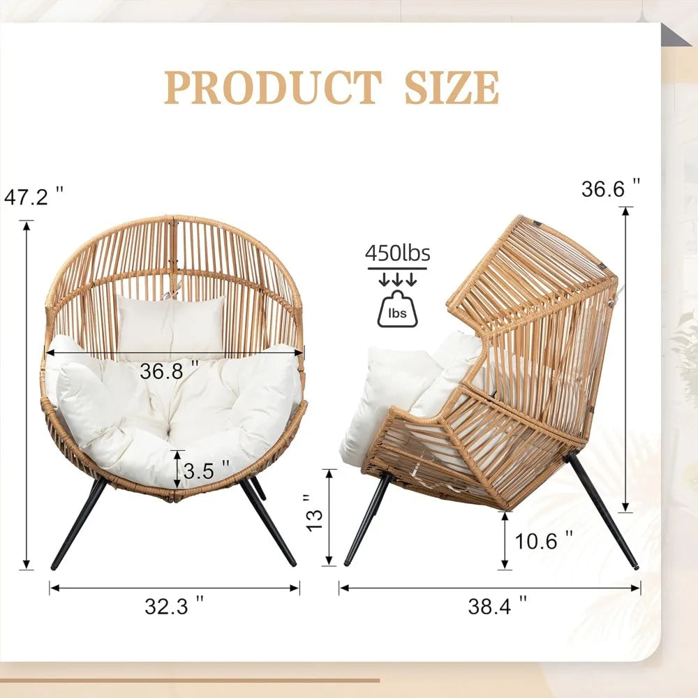 Outdoor Wicker Egg Chair with Cushion, Oversized Patio Lounge Chair for Garden, Balcony, Indoor & Outdoor Use, Beige