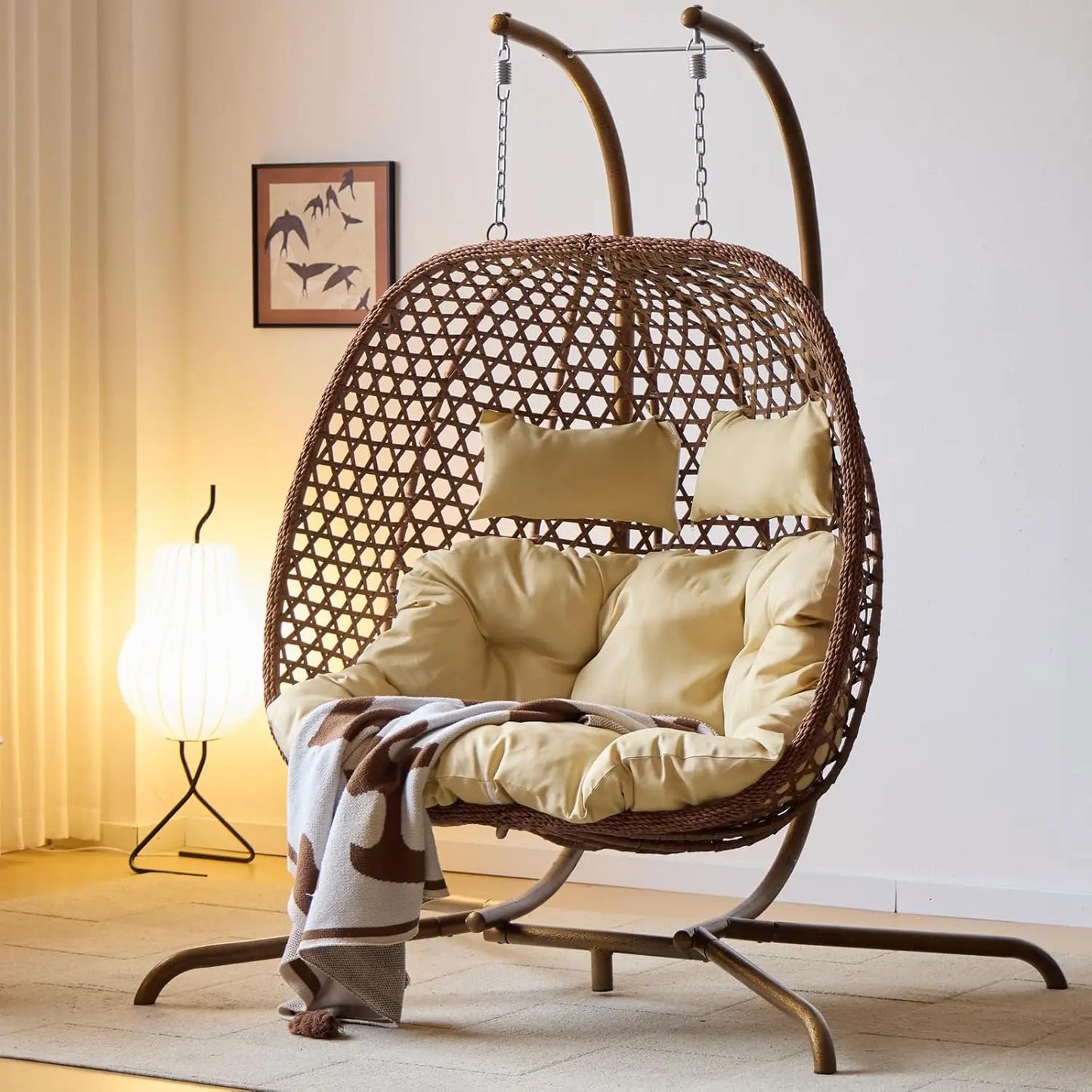 Double Hanging Swing Egg Chair with Stand, Hexagon Wicker Hammock Swing for Outdoor Garden Patio, 2 Person Chair