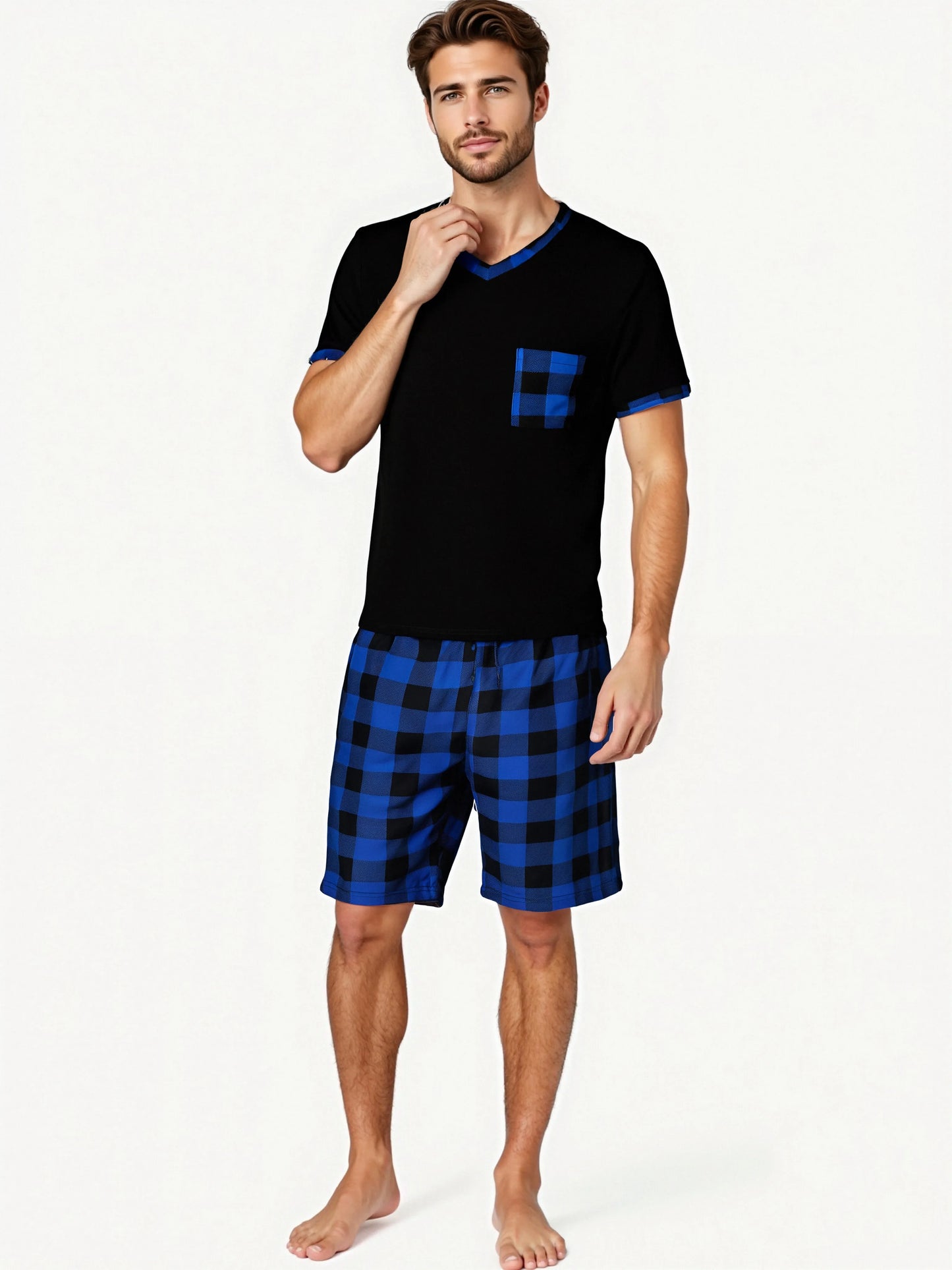 Mens Pajama Sets,  Short Sleeve , Plaid Pajamas and are  Soft Lounge Sleepwear with Pockets & Drawstring Shorts