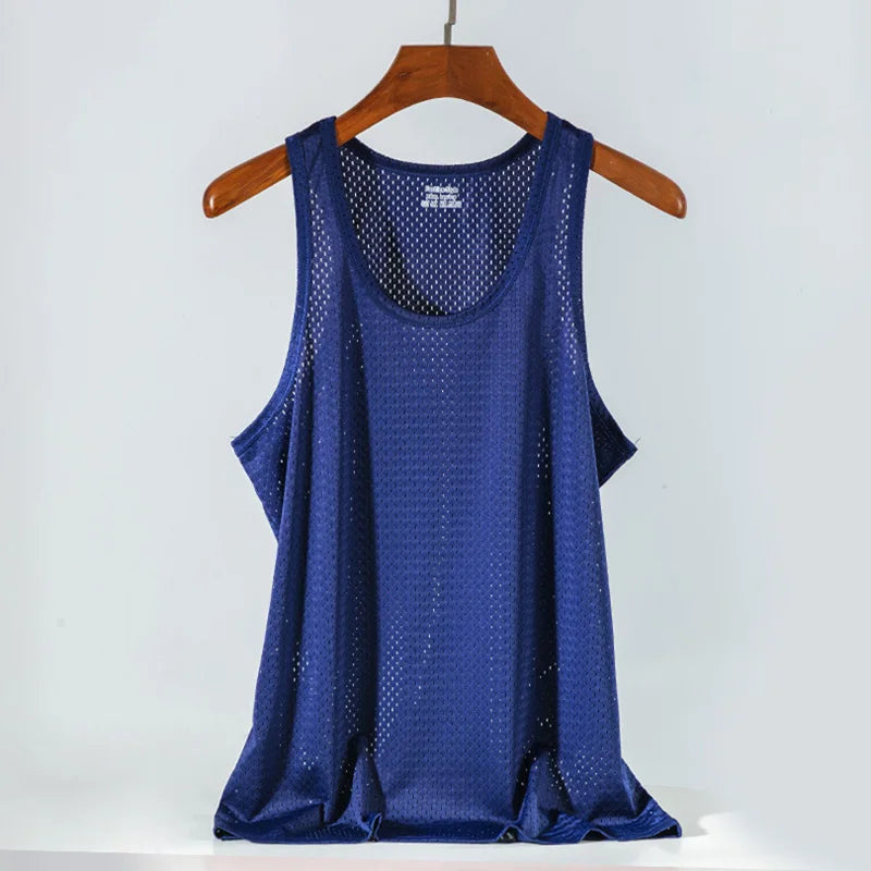Men's Ice Silk Mesh Tank Tops, Gym Stringer, Transparent Bodybuilding Sleeveless Shirt for Fitness.