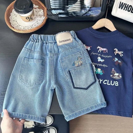 Summer Boys Shorts, Cartoon Embroidery, Boys Denim Shorts Water Wash, 2-10Yrs Boys Horse Pocket Jeans