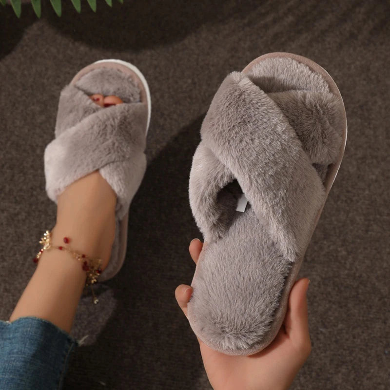 Womens Cross -over Warm,  Fluffy Slippers.  Lightweight Flat Heels with Fur Slides. For  Autumn, Winter, Spring. Open Toe and -Non -Slip for Home Floors.