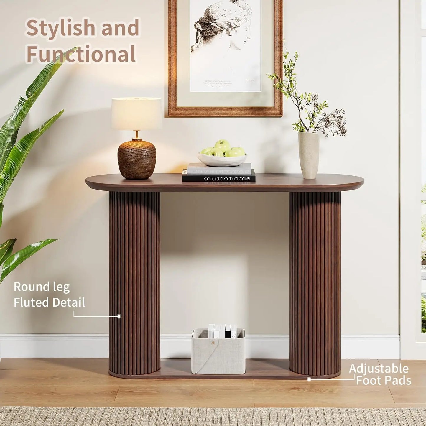 Fluted Oval Console Table with Storage Wood Legs Narrow Entry Hallway Living Room Customized