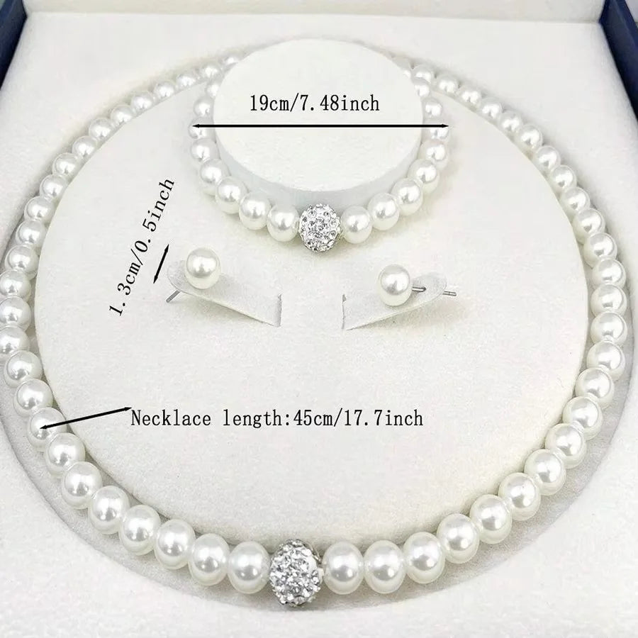 3 PC set Imitation Pearl Fireball Necklace Bracelet Earring Studs. Jewelry Set is .Silver Color Crystal Stone. Elegant for MOTHERS DAY
