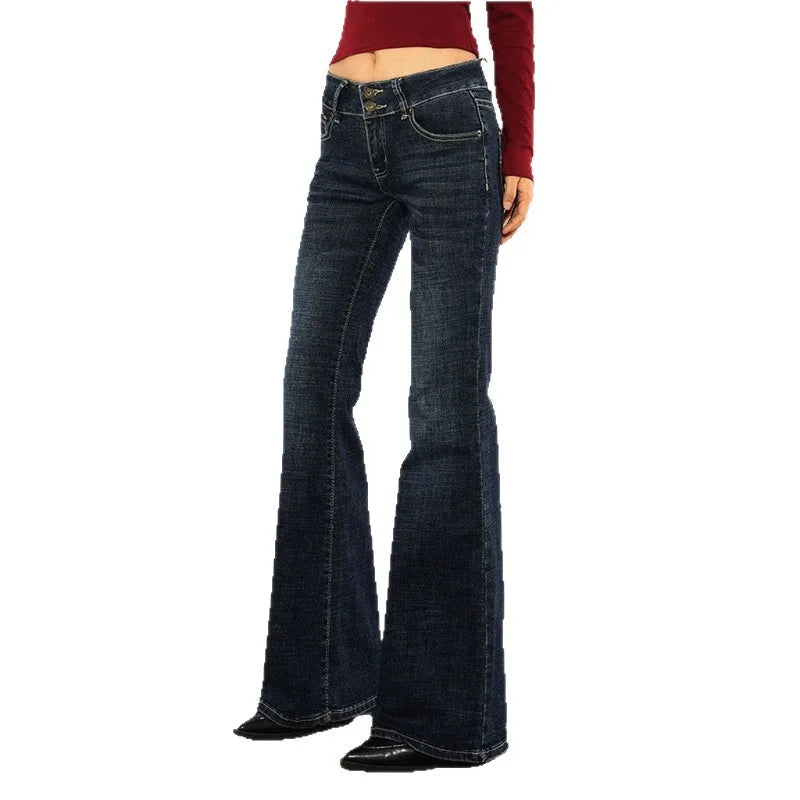 Low Waist Slim Fit Women's Jeans, Bell Bottoms, American Vintage Style, Cotton Denim Pants