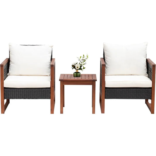 Outdoor Patio Furniture Set, Modern Rattan Bistro Conversation Set with Acacia Wood Frame, Coffee Table, Water-Resistant Cushions