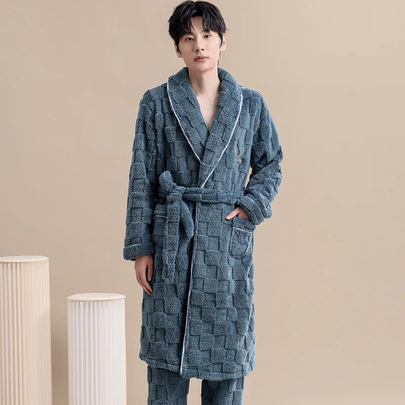 Winter Jacquard Flannel Sleepwear With Belt Robe+Pants.  . 2PC Warm Men s Pajamas.  Fleece Robes Set Full Sleeve Homewear.