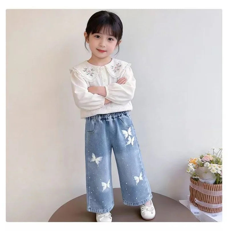 Girls Print Denim Pants. New BlingBling Diamond Bow Jeans. Childrens Clothes, Kids Straight Legged Pants, Loose Trousers