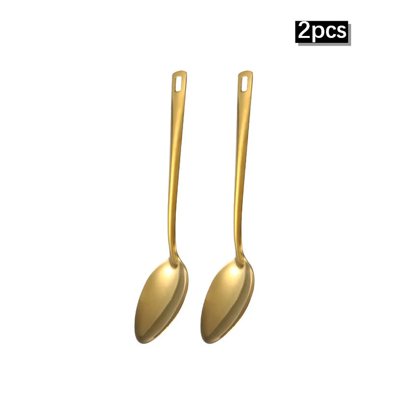 2/6pcs Stainless steel kitchenware set, creative golden soup spoon, colander, hot pot spoon, cooking and frying assists.