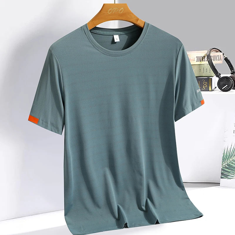 Men's Summer Ice Silk T-shirts, Round Neck, Thin, Breathable, Quick Drying