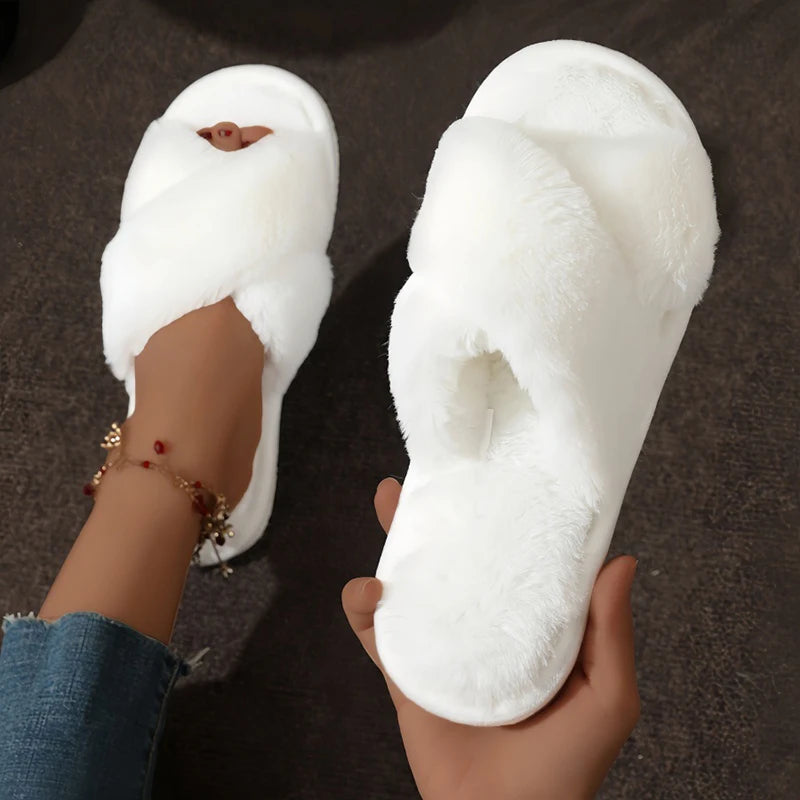 Womens Cross -over Warm,  Fluffy Slippers.  Lightweight Flat Heels with Fur Slides. For  Autumn, Winter, Spring. Open Toe and -Non -Slip for Home Floors.