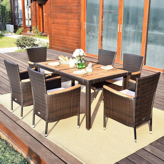7 PCS Outdoor Patio Dining Set, Dining Set w/Acacia Wood Table Top, Stackable Chairs with Soft Cushion, Poly -Wicker Dining Table