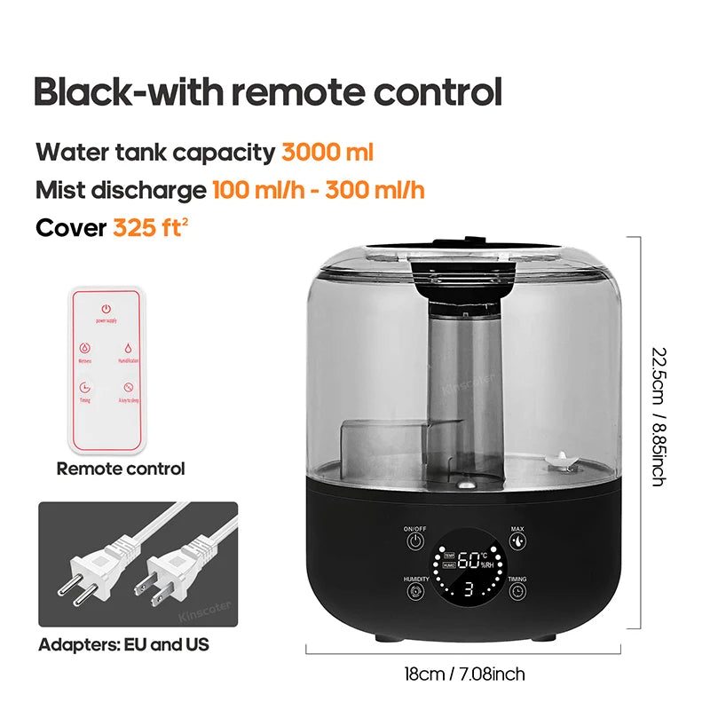 3L or 5L ,Professional Air Humidifier with Large Capacity and Aroma Diffuser with 3 levels of mist diffusion.