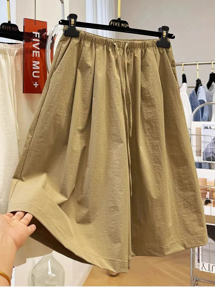 Quick Dry Thin Wide Leg Pants, Women's Elastic Waist Five-Point Shorts, Casual Straight Leg Acetate Fiber for Summer