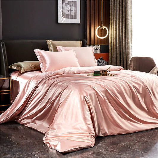 Solid Silk Bedding Set with Duvet Cover, Bed Sheet, 2 Pillowcases Luxury Satin Single Double Bedsheet King Queen Twin Size