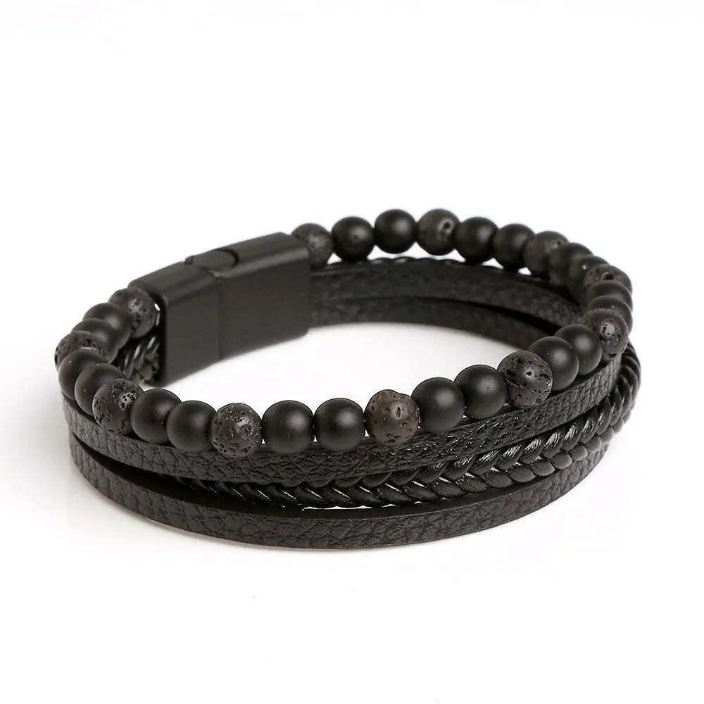 Men Leather Bracelet, Classic Fashion Tiger Eye Beaded Multi Layer Leather Bracelet For Men Jewelry Gift