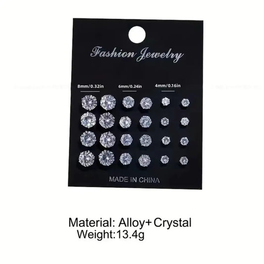 12 Pairs OF Stainless Steel Stud Earrings with Gemstone Buds Round, SQUARE, SHAPE CHOICES. Unisex Fashion Jewelry Gifts