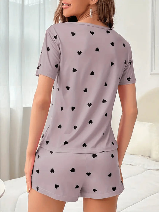 2-Piece Women's Love Print Pajamas, Knit Fashionable Soft Short Sleeve and Shorts Sleepwear Set, for Comfortable Home Wear