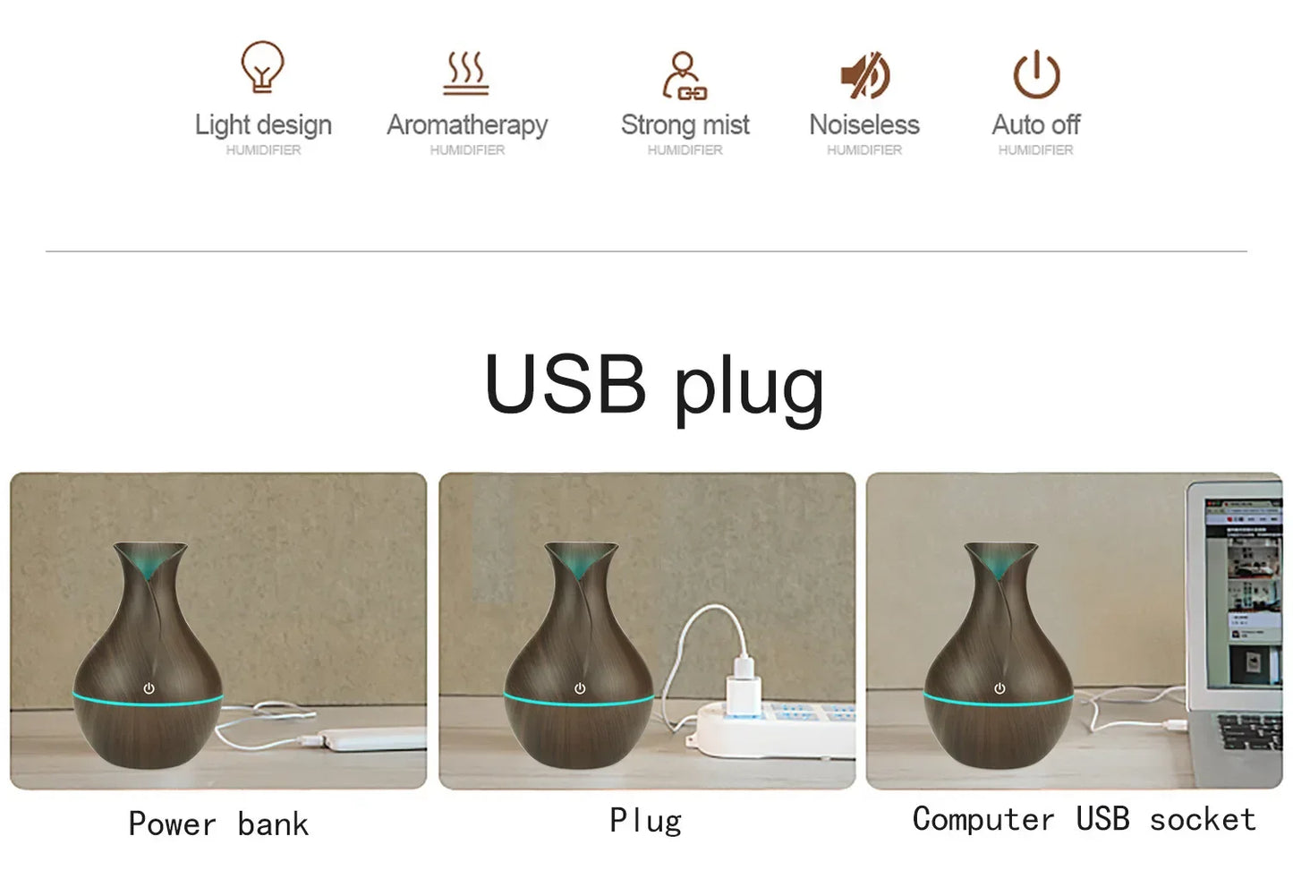 200ml Air Humidifier, Essential Oil Diffuser, USB with Colorful Light for home, office, or car