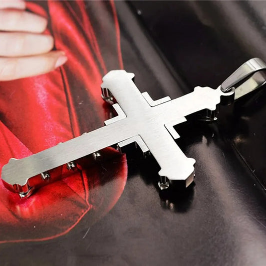 New Male Crystal Cross, Pendant in Silver/Gold/Black/Blue Color, Zirconia Cross Pendant / Necklace. Stainless Steel Jewelry. Black is most available. Blue is Least available, then Silver, then gold.