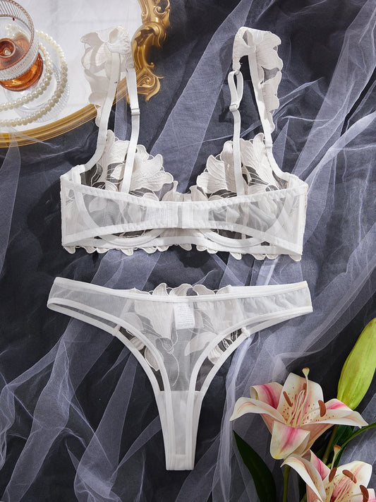 Fairy Lingerie with Floral Valentine Charm. Brief Panty Underwear Sexy Nighty Fancy Underwear Brief Set for Lady See Through Bra