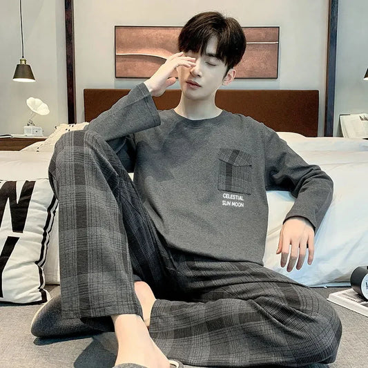 2PC. Set Men Pajamas.  Long-Sleeved Version of the Simple Button down Tops and Pants  for Nightwear  and Homewear.