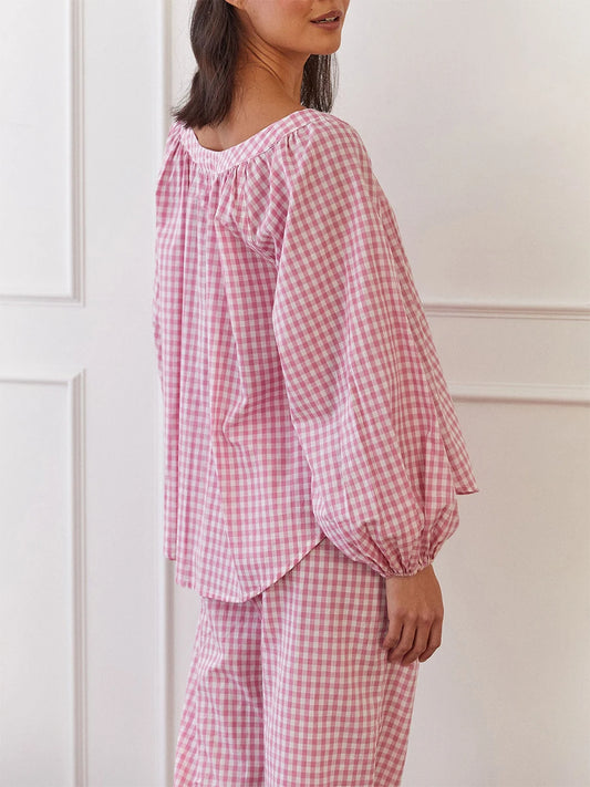 Women s Checked Pajama Set with Long Lantern Sleeves and Elastic Waistband - Button Down Top and Lounge Pants for Fall