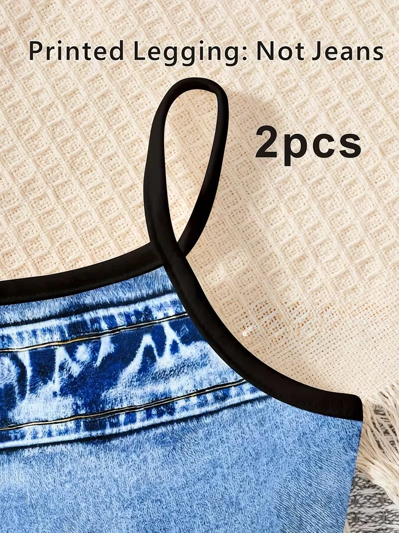 Girls 2-Piece "Faux" Denim Outfit – Denim Print Cami Crop Top & Pleated Mini Skirt Set (Non-Denim Fabric)